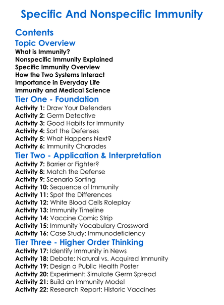 Specific And Nonspecific Immunity Worksheet Activity Booklet