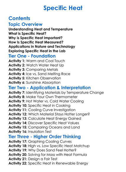 Specific Heat Worksheet Activity Booklet