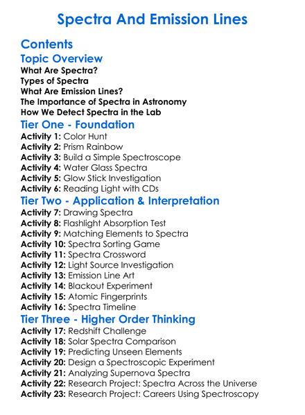 Spectra And Emission Lines Worksheet Activity Booklet