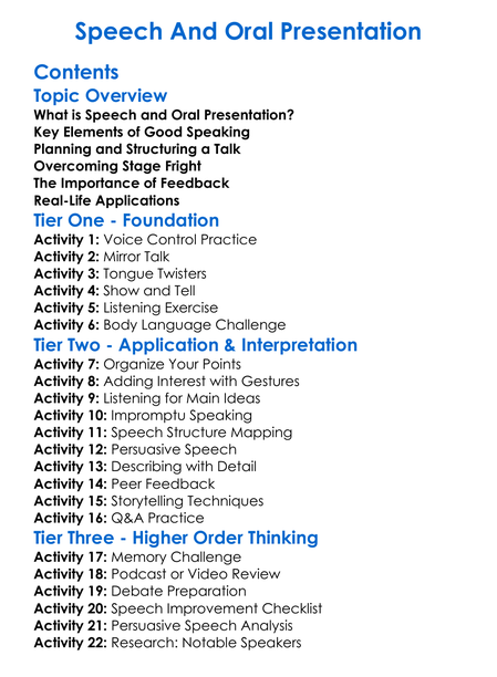 Speech And Oral Presentation Worksheet Activity Booklet
