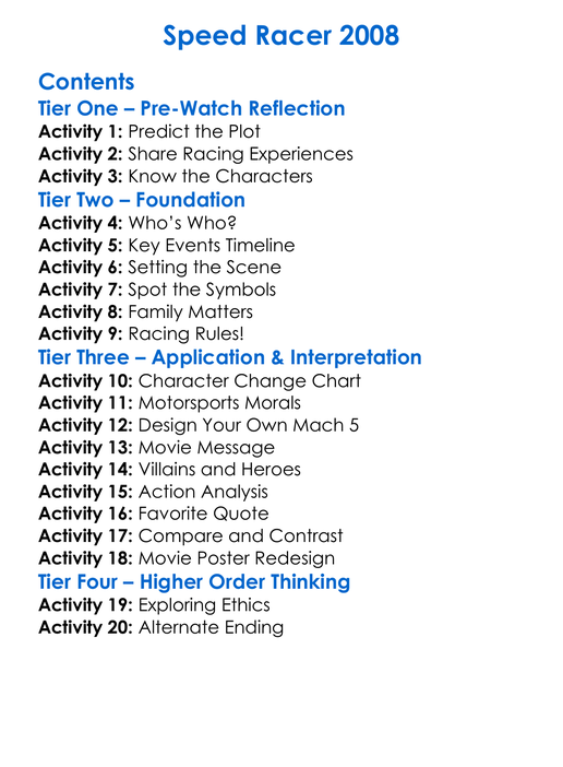 Speed Racer 2008 Worksheet Activity Booklet