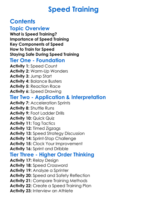 Speed Training Worksheet Activity Booklet