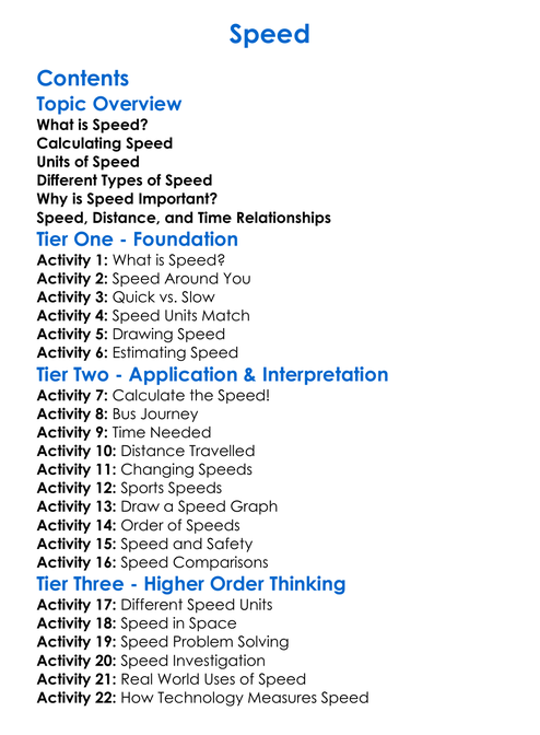 Speed Worksheet Activity Booklet