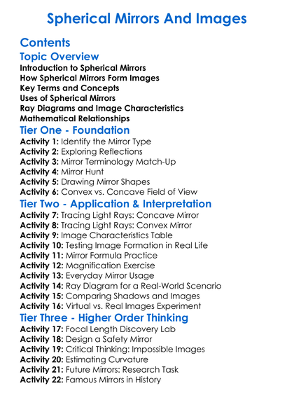Spherical Mirrors And Images Worksheet Activity Booklet