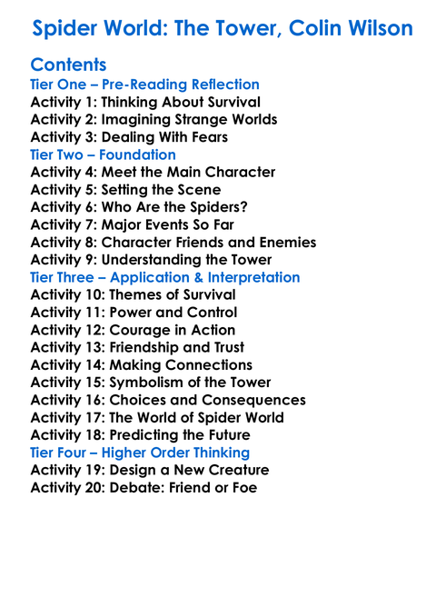 Spider World The Tower Colin Wilson Worksheet Activity Booklet