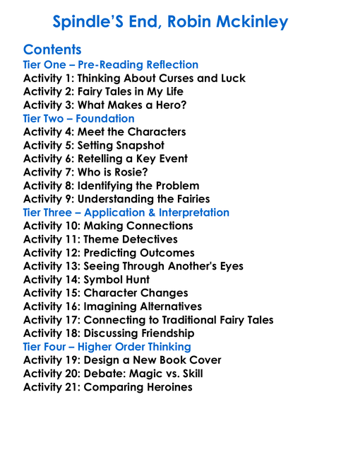 Spindles End Robin Mckinley Worksheet Activity Booklet