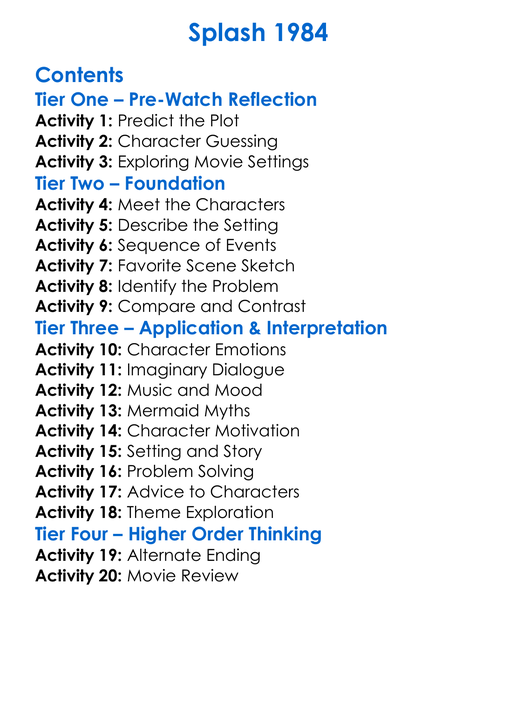 Splash 1984 Worksheet Activity Booklet