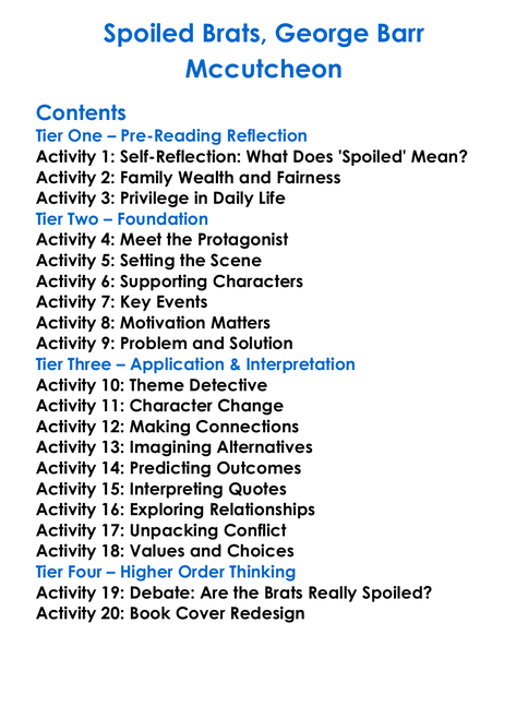 Spoiled Brats George Barr Mccutcheon Worksheet Activity Booklet