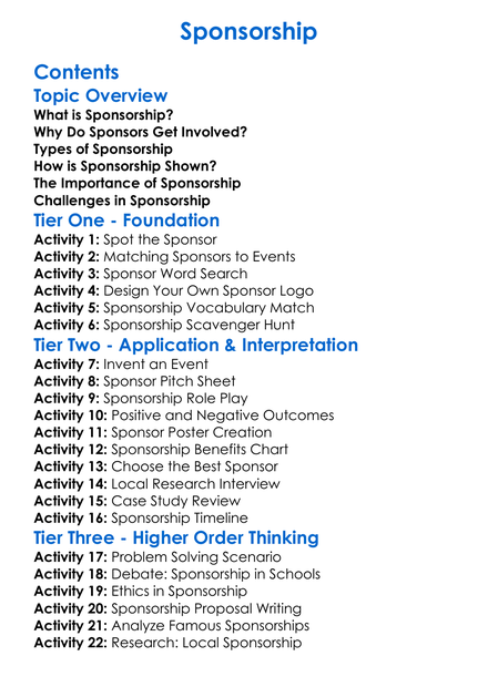 Sponsorship Worksheet Activity Booklet