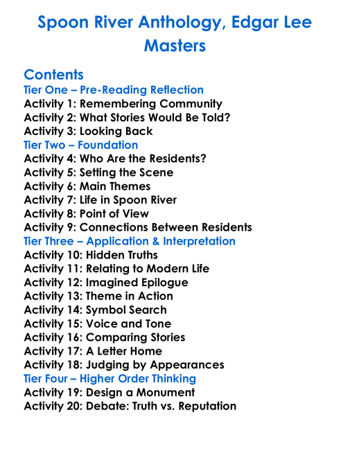 Spoon River Anthology Edgar Lee Masters Worksheet Activity Booklet