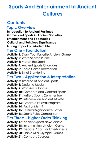 Sports And Entertainment In Ancient Cultures Worksheet Activity Booklet