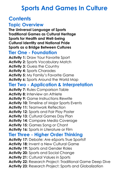 Sports And Games In Culture Worksheet Activity Booklet