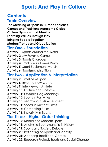 Sports And Play In Culture Worksheet Activity Booklet