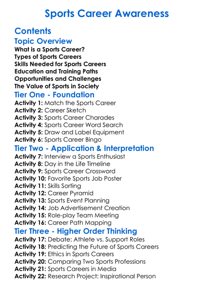Sports Career Awareness Worksheet Activity Booklet