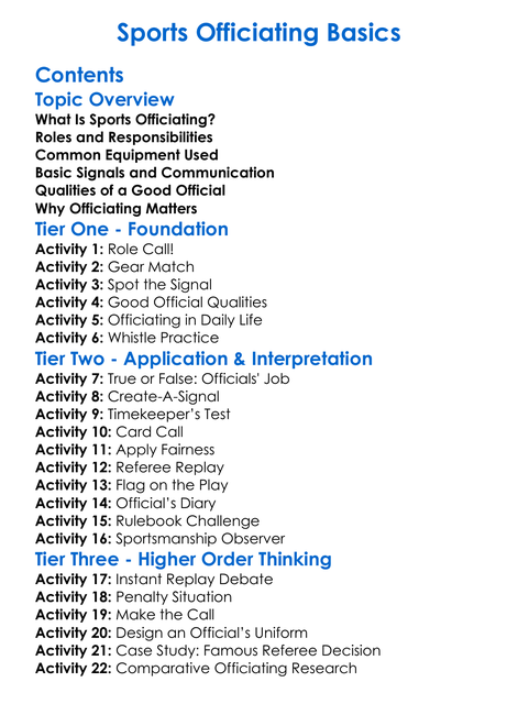 Sports Officiating Basics Worksheet Activity Booklet