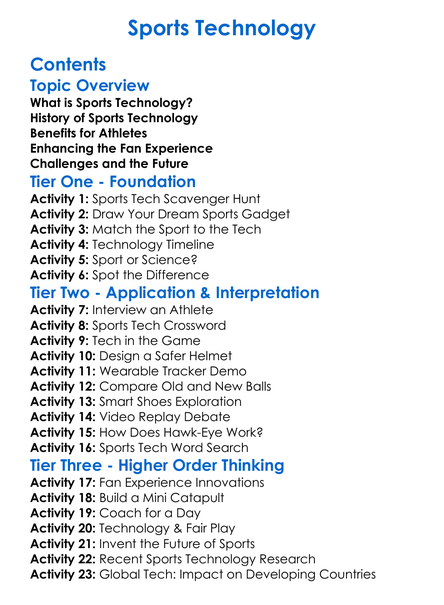 Sports Technology Worksheet Activity Booklet