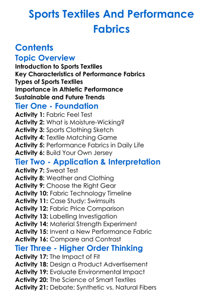 Sports Textiles And Performance Fabrics Worksheet Activity Booklet