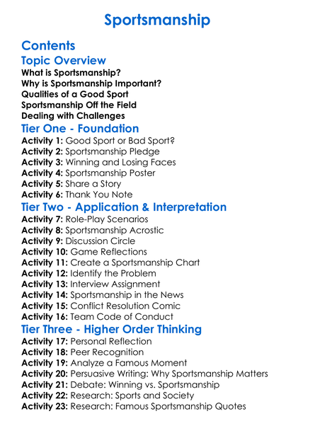 Sportsmanship Worksheet Activity Booklet