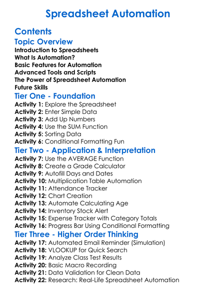 Spreadsheet Automation Worksheet Activity Booklet