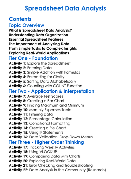 Spreadsheet Data Analysis Worksheet Activity Booklet