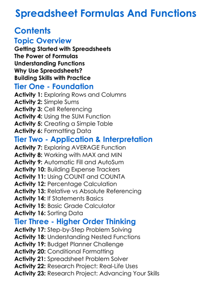 Spreadsheet Formulas And Functions Worksheet Activity Booklet