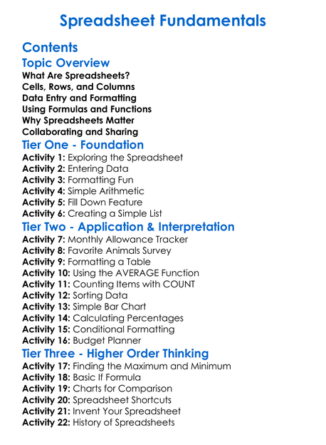 Spreadsheet Fundamentals Worksheet Activity Booklet