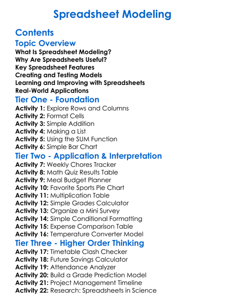 Spreadsheet Modeling Worksheet Activity Booklet