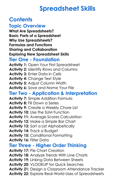 Spreadsheet Skills Worksheet Activity Booklet