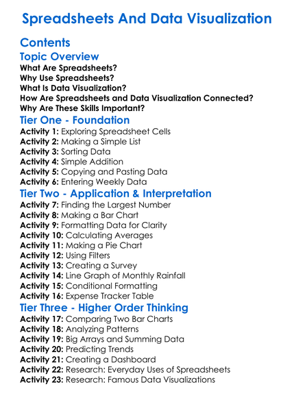 Spreadsheets And Data Visualization Worksheet Activity Booklet