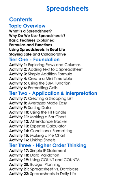 Spreadsheets Worksheet Activity Booklet