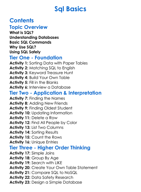 Sql Basics Worksheet Activity Booklet