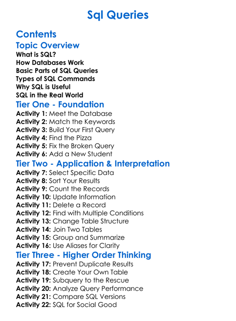 Sql Queries Worksheet Activity Booklet