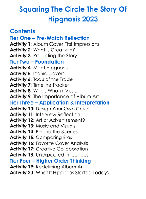 Squaring The Circle The Story Of Hipgnosis 2023 Worksheet Activity Booklet