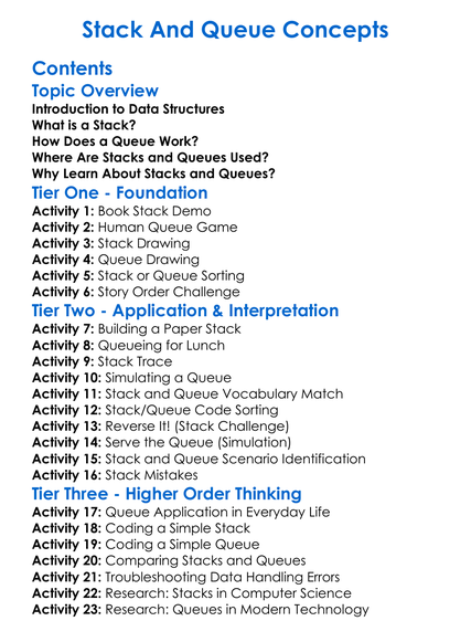 Stack And Queue Concepts Worksheet Activity Booklet