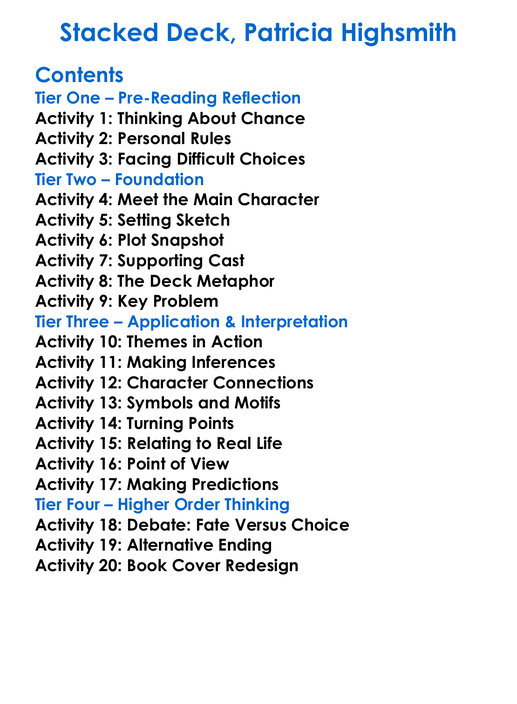 Stacked Deck Patricia Highsmith Worksheet Activity Booklet