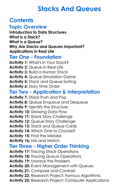 Stacks And Queues Worksheet Activity Booklet