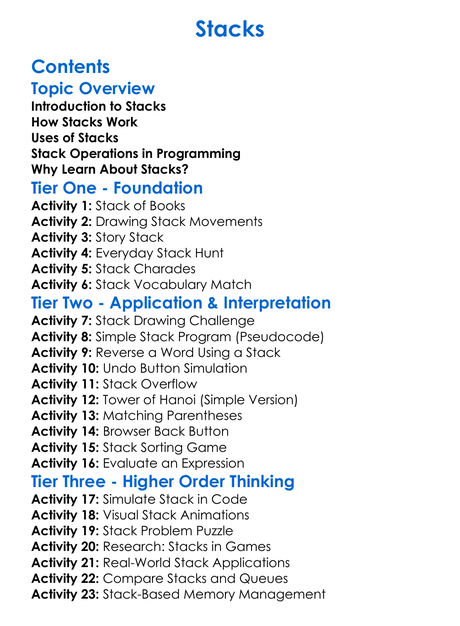Stacks Worksheet Activity Booklet