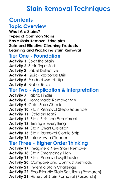 Stain Removal Techniques Worksheet Activity Booklet