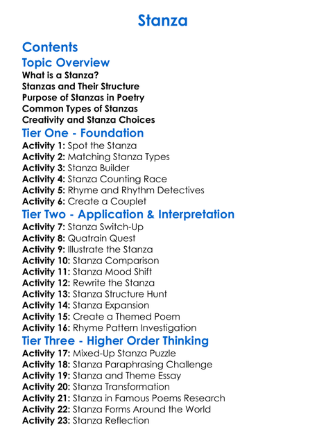 Stanza Worksheet Activity Booklet