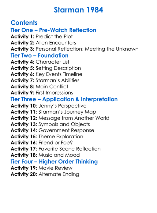 Starman 1984 Worksheet Activity Booklet
