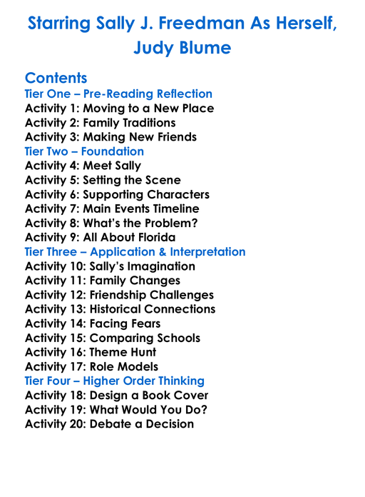 Starring Sally J Freedman As Herself Judy Blume Worksheet Activity Booklet
