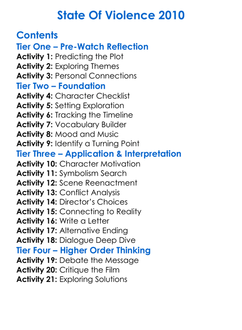 State Of Violence 2010 Worksheet Activity Booklet