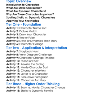Static And Dynamic Characters Worksheet Activity Booklet