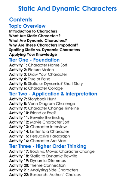 Static And Dynamic Characters Worksheet Activity Booklet