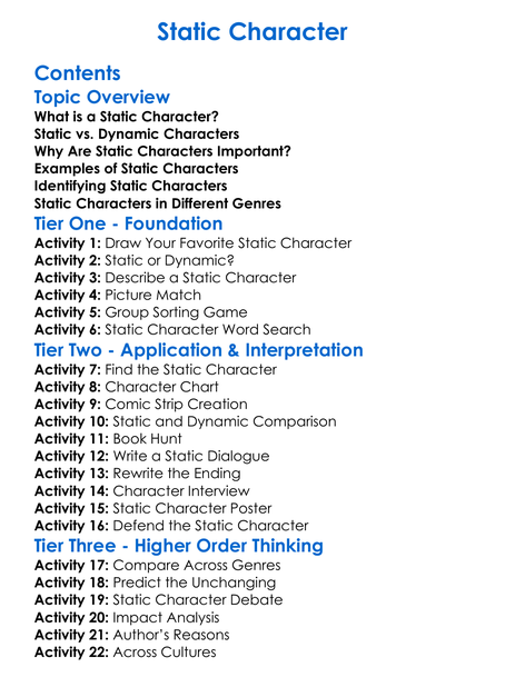 Static Character Worksheet Activity Booklet