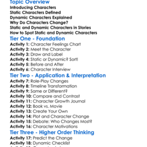 Static Vs Dynamic Characters Worksheet Activity Booklet