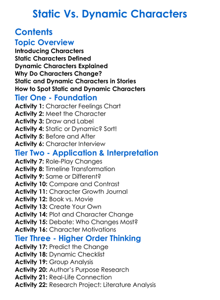 Static Vs Dynamic Characters Worksheet Activity Booklet