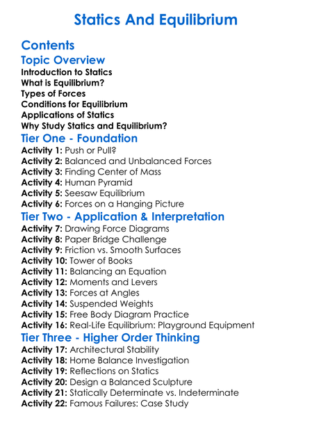 Statics And Equilibrium Worksheet Activity Booklet
