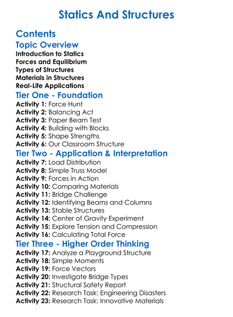 Statics And Structures Worksheet Activity Booklet