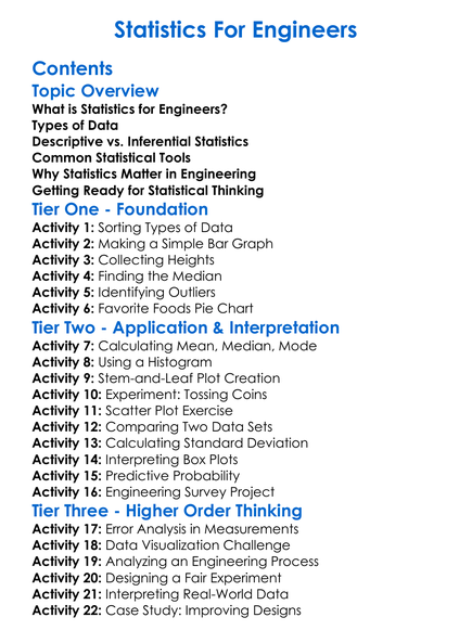 Statistics For Engineers Worksheet Activity Booklet